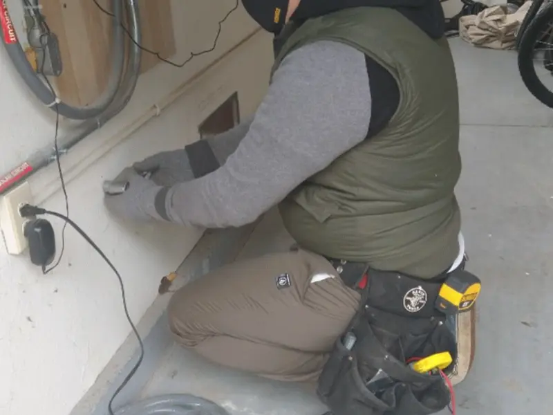 Electrician performing outlet wiring in a Godfrey garage